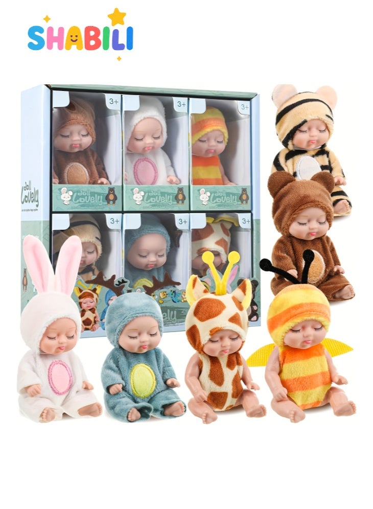 شبيلي طقم 6 دمى أطفال نائمة صغيرة واقعية بجسم PVC ناعم وبيجامات حيوانات من قماش مخملي، ارتفاع 11 سم لِلعب التخيلي وتزيين الغرفة، لعبة في علبة هدايا للأطفال من عمر 3 سنوات فما فوق وهواة الجمع - Image 1