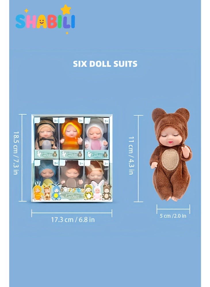 شبيلي طقم 6 دمى أطفال نائمة صغيرة واقعية بجسم PVC ناعم وبيجامات حيوانات من قماش مخملي، ارتفاع 11 سم لِلعب التخيلي وتزيين الغرفة، لعبة في علبة هدايا للأطفال من عمر 3 سنوات فما فوق وهواة الجمع - Image 2