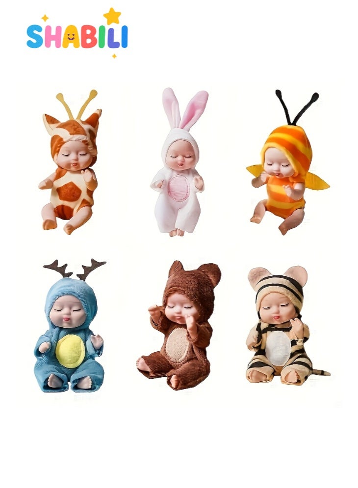 شبيلي طقم 6 دمى أطفال نائمة صغيرة واقعية بجسم PVC ناعم وبيجامات حيوانات من قماش مخملي، ارتفاع 11 سم لِلعب التخيلي وتزيين الغرفة، لعبة في علبة هدايا للأطفال من عمر 3 سنوات فما فوق وهواة الجمع - Image 5
