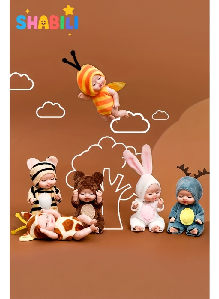 شبيلي طقم 6 دمى أطفال نائمة صغيرة واقعية بجسم PVC ناعم وبيجامات حيوانات من قماش مخملي، ارتفاع 11 سم لِلعب التخيلي وتزيين الغرفة، لعبة في علبة هدايا للأطفال من عمر 3 سنوات فما فوق وهواة الجمع - Image 4