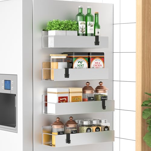 HuggieGems 4 Pack Magnetic Spice Storage Rack Organizer for Refrigerator and Oven, Silver Fridge Organizers and Storage - Image 1