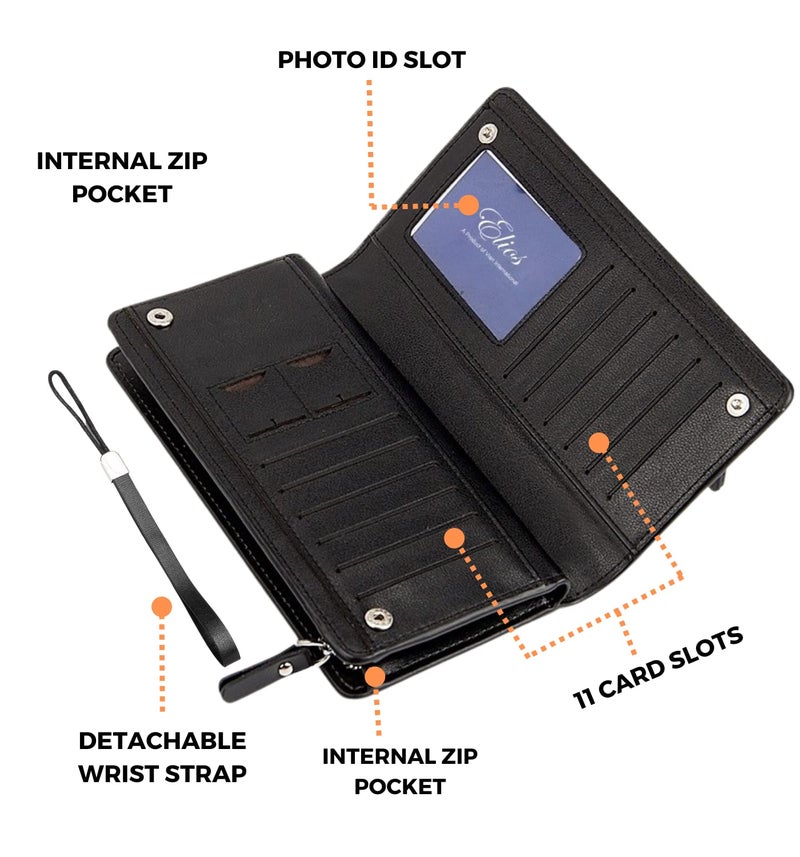 Elios Women PU Leather Long Zipper Phone Wallet and Card Organizer | Ladies Purse | Women Wallet (Classic, Black-2) - Image 2