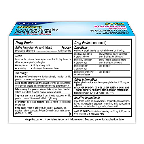 Ohm Children’s Loratadine Chewable, Dye Free, Bubblegum, Non-Drowsy 24h Relief of Sneezing, Runny Nose, Watery Eyes, Itchy Throat or Nose, Antihistamine, Indoor & Outdoor Allergies, 5mg, 30 Tablets - Image 2