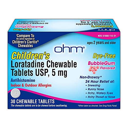 Ohm Children’s Loratadine Chewable, Dye Free, Bubblegum, Non-Drowsy 24h Relief of Sneezing, Runny Nose, Watery Eyes, Itchy Throat or Nose, Antihistamine, Indoor & Outdoor Allergies, 5mg, 30 Tablets - Image 1