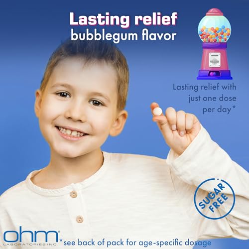 Ohm Children’s Loratadine Chewable, Dye Free, Bubblegum, Non-Drowsy 24h Relief of Sneezing, Runny Nose, Watery Eyes, Itchy Throat or Nose, Antihistamine, Indoor & Outdoor Allergies, 5mg, 30 Tablets - Image 4