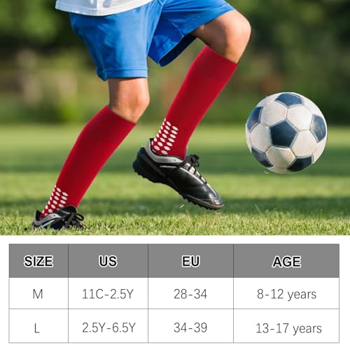 Regilt 3 Pairs Kids Youth Grip Soccer Socks, Non Slip Knee High Soccer Football Sport Socks for Boys Girls Age 8-17 (US, Alpha, Large, Regular, Regular, Red) - Image 2