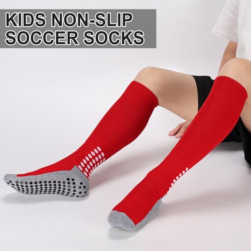 Regilt 3 Pairs Kids Youth Grip Soccer Socks, Non Slip Knee High Soccer Football Sport Socks for Boys Girls Age 8-17 (US, Alpha, Large, Regular, Regular, Red) - Image 4