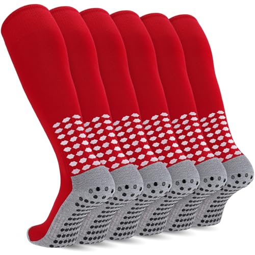 Regilt 3 Pairs Kids Youth Grip Soccer Socks, Non Slip Knee High Soccer Football Sport Socks for Boys Girls Age 8-17 (US, Alpha, Large, Regular, Regular, Red) - Image 1