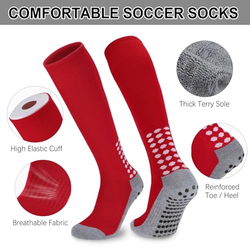 Regilt 3 Pairs Kids Youth Grip Soccer Socks, Non Slip Knee High Soccer Football Sport Socks for Boys Girls Age 8-17 (US, Alpha, Large, Regular, Regular, Red) - Image 5