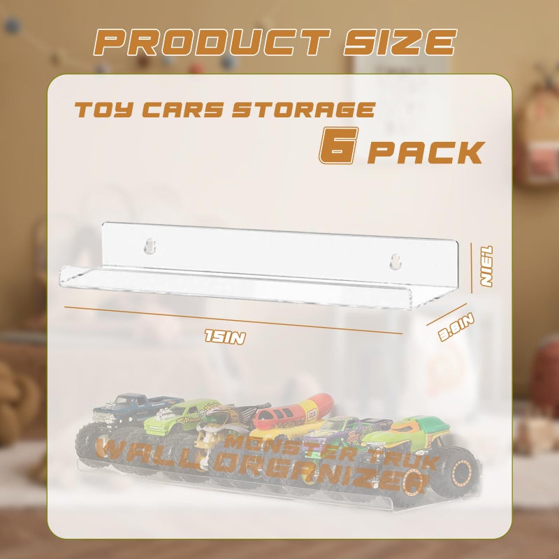 AAiphuwew 6 Pack Acrylic Monster Trucks Display Storage Shelves, Clear Wall Display Case Organizer Shelf for Toy Trucks Cars - Image 3
