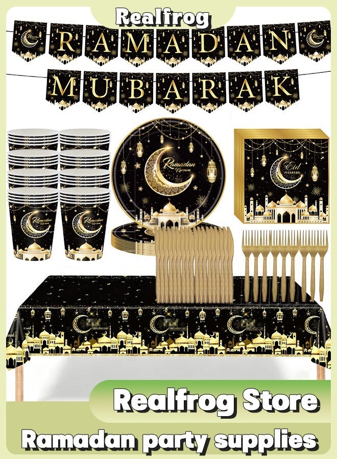 Realfrog Ramadan Party Tableware Set for 24 Guests, Gold Disposable Dinnerware with Moon & Lantern Prints Tablecover Napkins Elegant Eid Mubarak Decoration Supplies for Ramadan Gatherings - Image 1