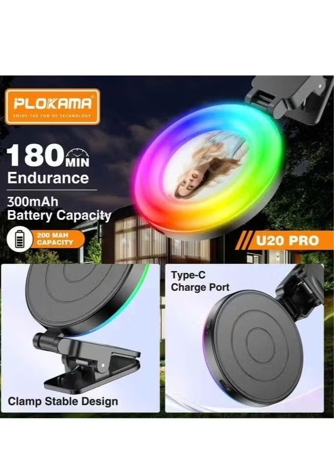 التخطيط PLOKAMA U20 PRO RGB Ring Light with Mirror – Mini Clip-On LED Fill Light for Mobile Phones & Cameras – Adjustable Color Modes & Brightness – Portable Video & Selfie Lighting with Tripod Clamp – Rechargeable Beauty Light (Black) - Image 4