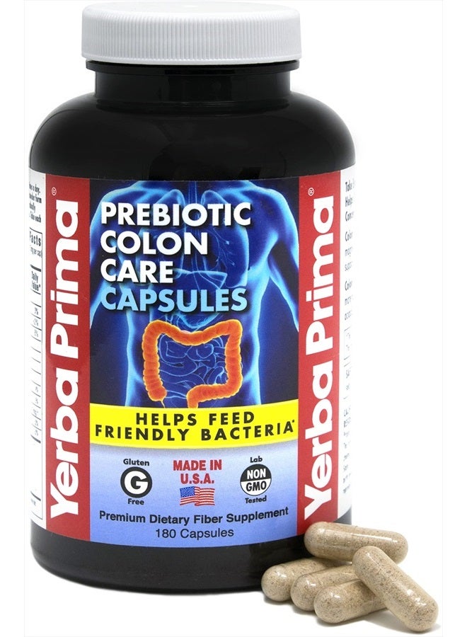 Yerba Prima Prebiotics Colon Care Fiber Caps, 180 Capsules - Five Forms of Fiber Plus FOS Pre-biotics - Dietary Health Supplement - Healthy Soluble & Insoluble Fibers for Regularity - Image 1
