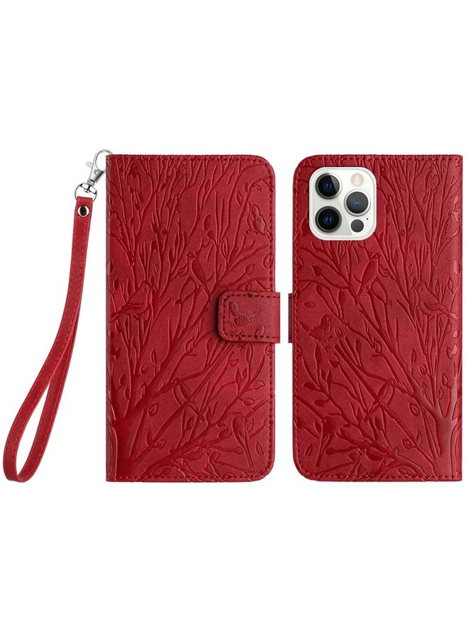 S-TOP Case For iPhone 13 Pro Tree Birds Embossed Pattern Leather Phone Case - Image 1