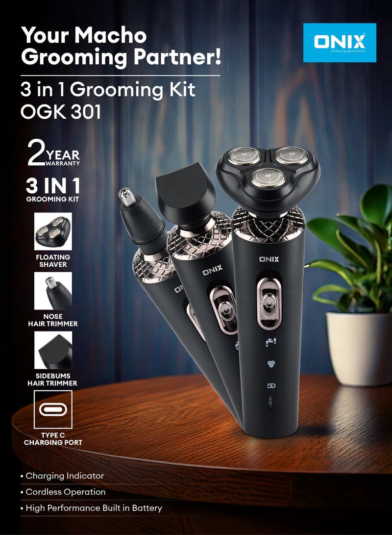 Onix 3-in-1 Grooming Kit for Men|Floating Shaver, Nose Trimmer, Sideburns Trimmer|Cordless, Type-C Charging, 2-Year Warranty, 1 Hour Runtime, High-Performance Battery with Charging Indicator|Includes Cleaning Brush, Oil & Cable|OGK 301 - Image 1