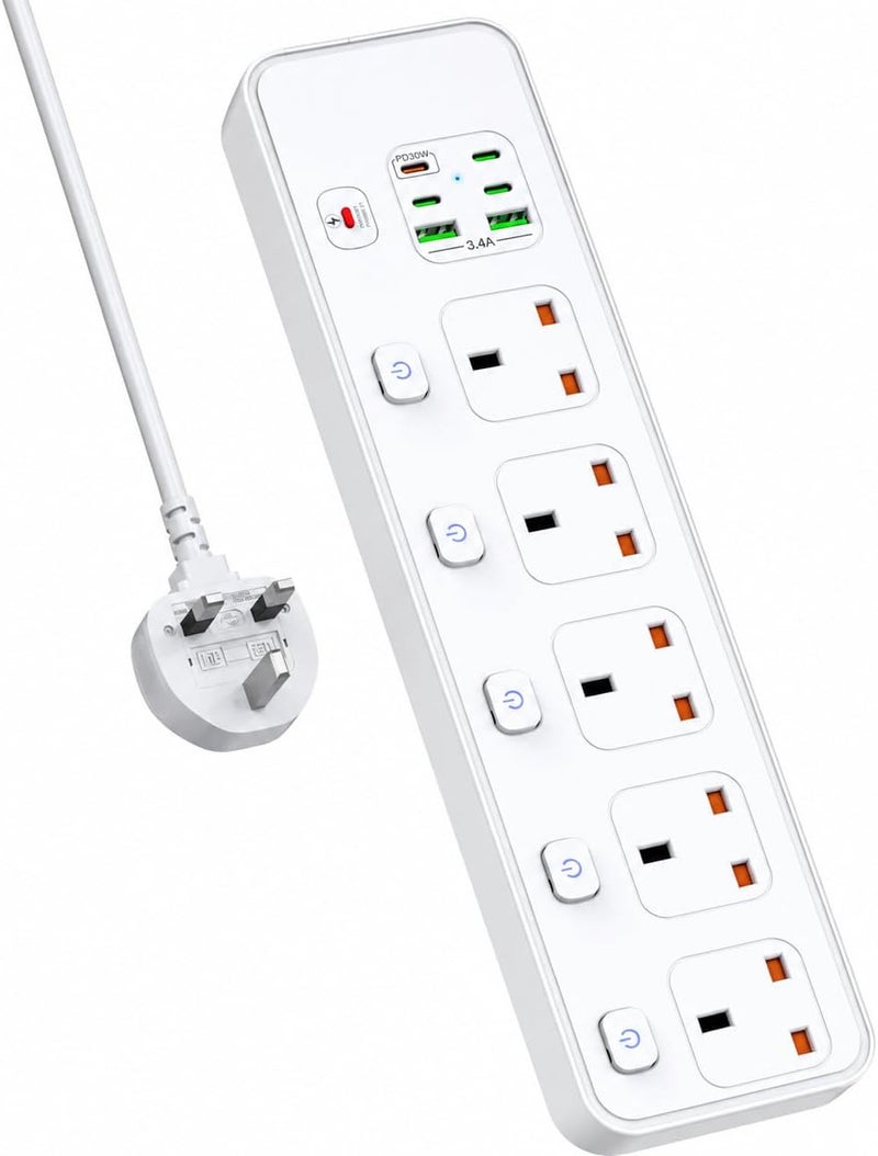  قورق الصحراء شريط طاقة بكابل تمديد طوله 3 أمتار، يحتوي على منفذ USB-C PD بق��رة شحن 30 واط، وكابل تمديد بتصميم بريطاني (5 طرق)، و5 مقابس كهربائية، و6 منافذ USB، مع مفاتيح تحكم فردية لكل منفذ، بقدرة إجمالية تصل إلى 3250 واط، ويمكن تثبيته على الحائط، باللون الأبيض. - Image 1