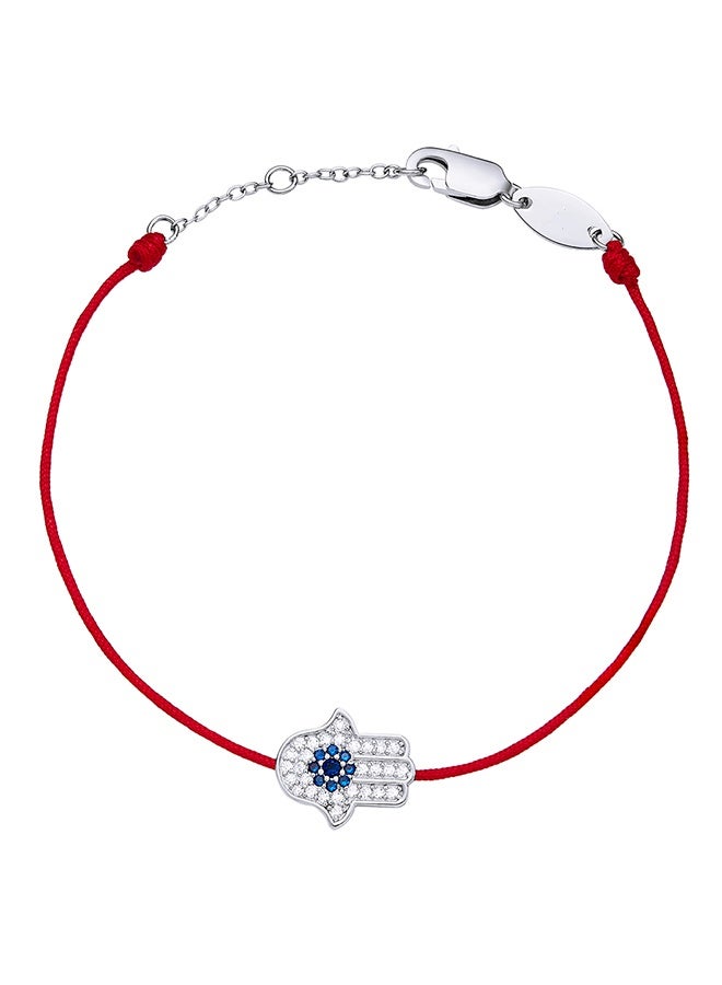 مونموري سوار من الفضة عيار 925 مطلي بالبلاتين بتصميم يد همسة حمراء اللون مرصعة بزركونيا مكعب أزرق، حبل أحمر بسلسلة قابلة للتعديل بطول 19 سم، مجوهرات نسائية، هدية رمضان وعيد الأم وعيد الحب - Image 1