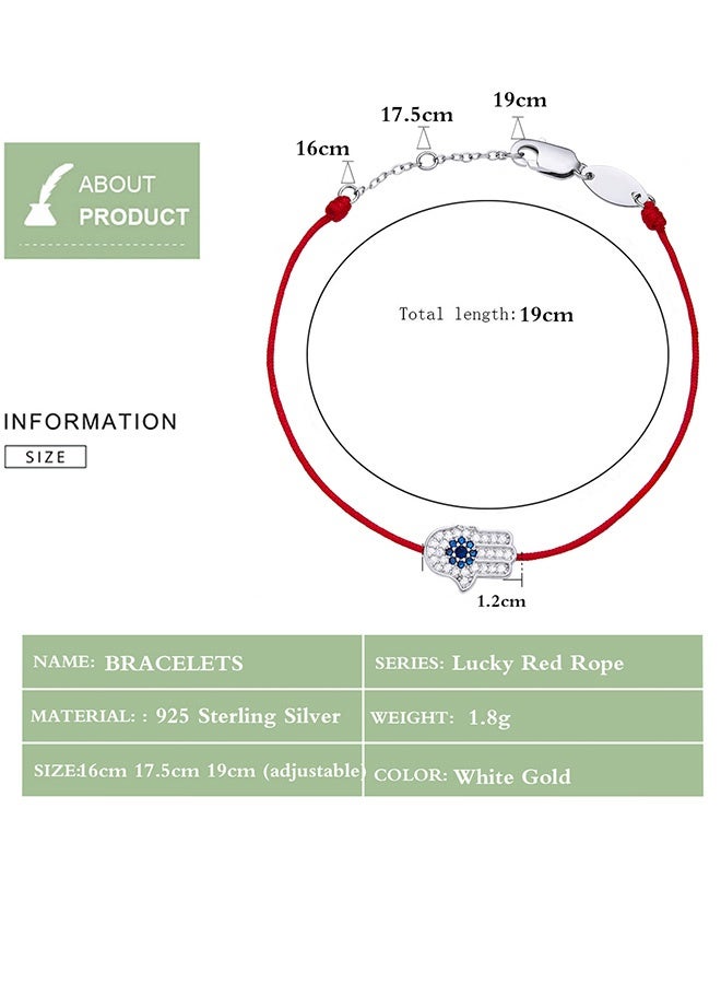 مونموري سوار من الفضة عيار 925 مطلي بالبلاتين بتصميم يد همسة حمراء اللون مرصعة بزركونيا مكعب أزرق، حبل أحمر بسلسلة قابلة للتعديل بطول 19 سم، مجوهرات نسائية، هدية رمضان وعيد الأم وعيد الحب - Image 2