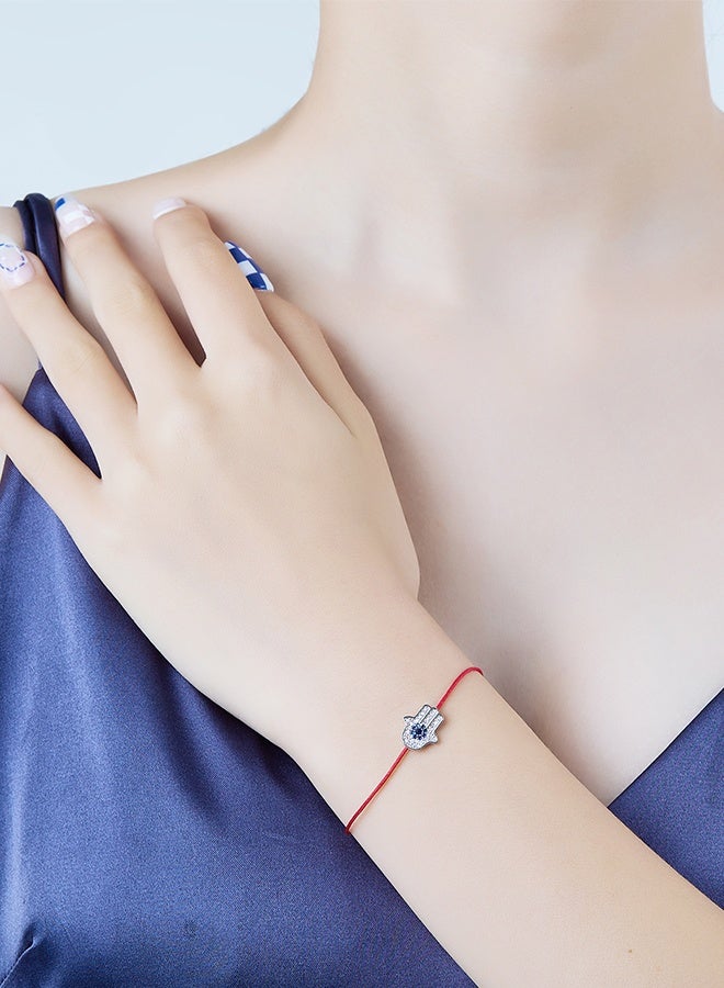 مونموري سوار من الفضة عيار 925 مطلي بالبلاتين بتصميم يد همسة حمراء اللون مرصعة بزركونيا مكعب أزرق، حبل أحمر بسلسلة قابلة للتعديل بطول 19 سم، مجوهرات نسائية، هدية رمضان وعيد الأم وعيد الحب - Image 4