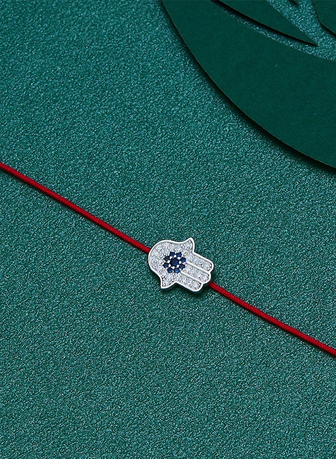 مونموري سوار من الفضة عيار 925 مطلي بالبلاتين بتصميم يد همسة حمراء اللون مرصعة بزركونيا مكعب أزرق، حبل أحمر بسلسلة قابلة للتعديل بطول 19 سم، مجوهرات نسائية، هدية رمضان وعيد الأم وعيد الحب - Image 3