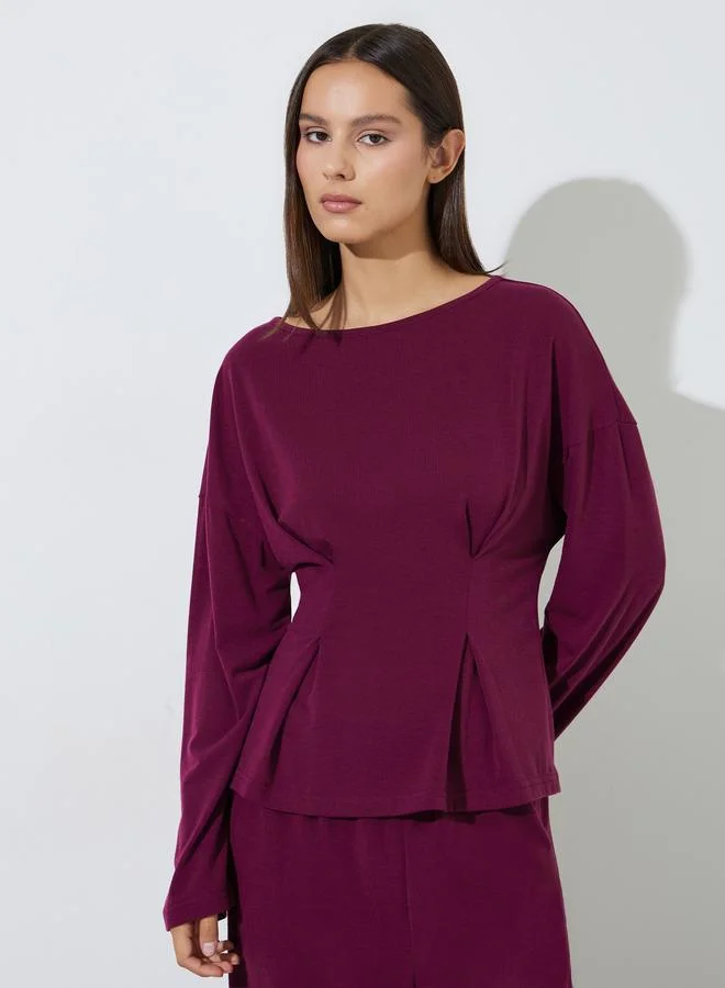 Styli Burgundy Solid Gathered Waist Top and Wide leg Trousers Set