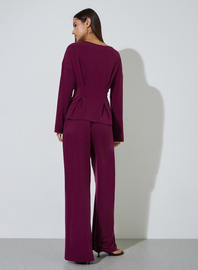 Styli Burgundy Solid Gathered Waist Top and Wide leg Trousers Set - Image 3