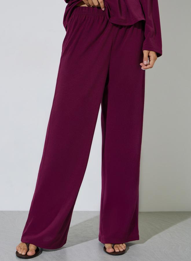 Styli Burgundy Solid Gathered Waist Top and Wide leg Trousers Set - Image 5