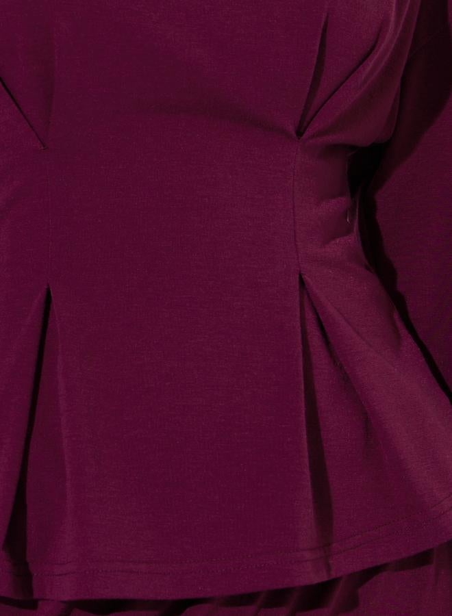 Styli Burgundy Solid Gathered Waist Top and Wide leg Trousers Set - Image 4