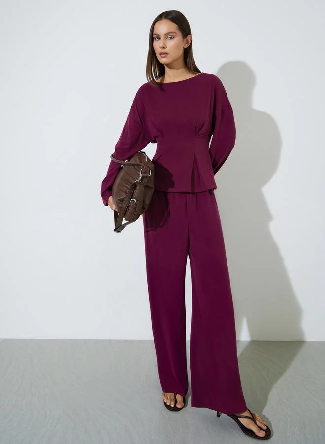 Styli Burgundy Solid Gathered Waist Top and Wide leg Trousers Set