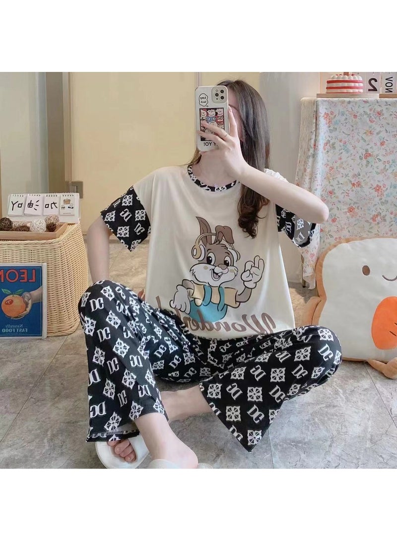 DubaiGallery Trendie Women's Korean Cute Designs Series Sleepwear Collection Milky Cotton Sleepwear Shortsleeves and Pants Pyjama Set.