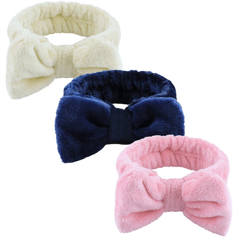 WSYUB 3Pcs Spa Headband Makeup Headband for Washing Face Bow Headbands for Women Fluffy Skincare Headbands Microfiber Bow Knot Hair Band Pink Yellow Dark Blue
