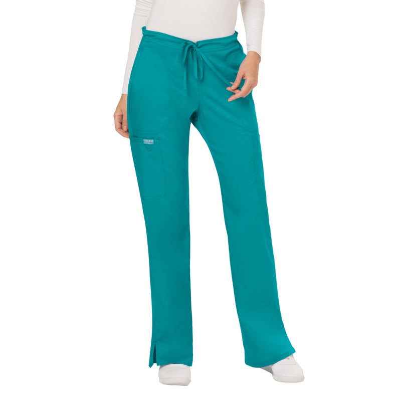 Cherokee WW Revolution by Cherokee Women's Mid Rise Moderate Flare Drawstring Pant Petite, Teal Blue, Small Petite - Image 3