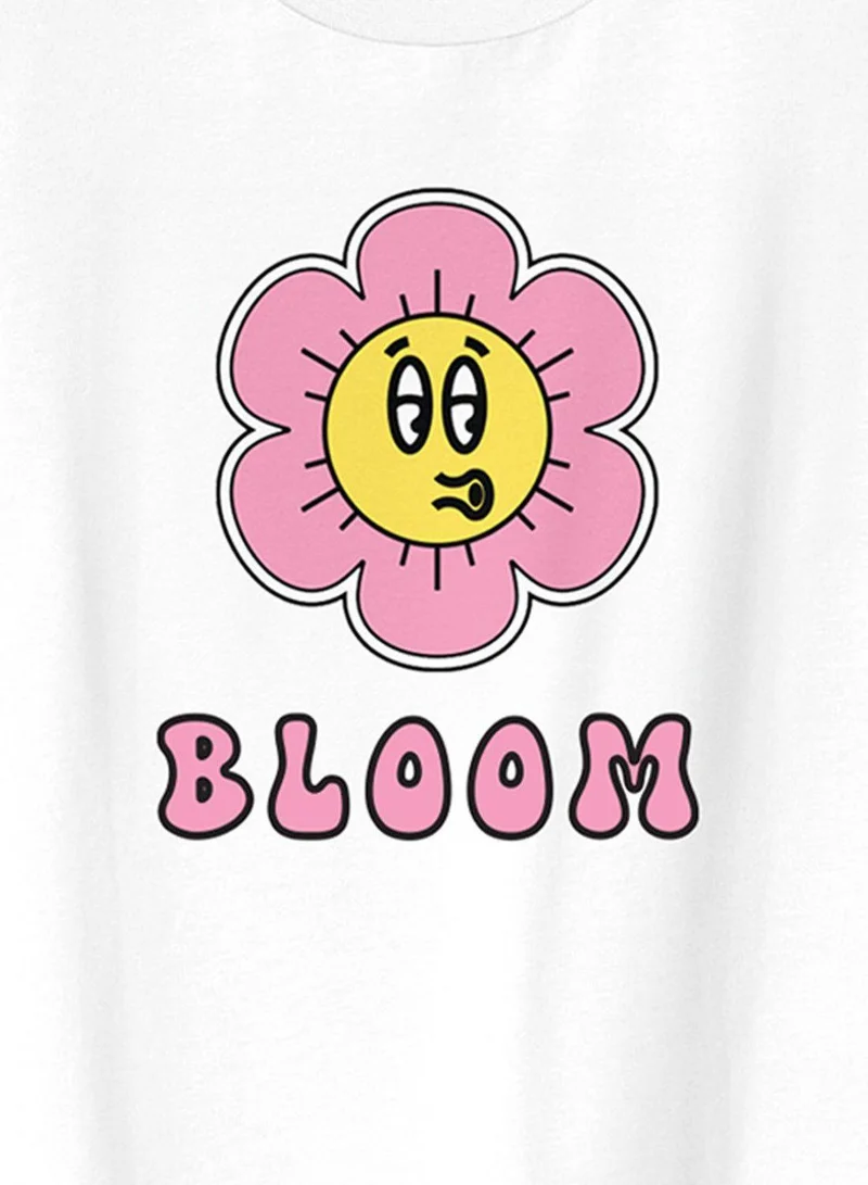 Bonkids Regular Fit Printed Off-White Cotton T-Shirt For Girls Round Neck Flat Collar Pull On 100 % Cotton