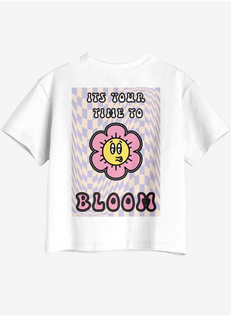 بونكيدز Regular Fit Printed Off-White Cotton T-Shirt For Girls Round Neck Flat Collar Pull On 100 % Cotton