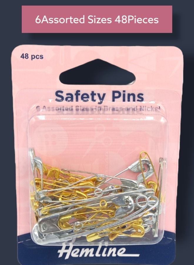 Hemline 48-Pieces Assorted Sizes Safety Pins Gold And Silver Color - Image 1