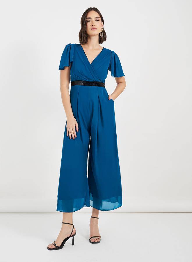Styli Wide Leg Wrap Front Sequined Band Jumpsuit - Image 1
