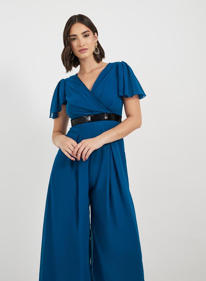 Styli Wide Leg Wrap Front Sequined Band Jumpsuit - Image 2