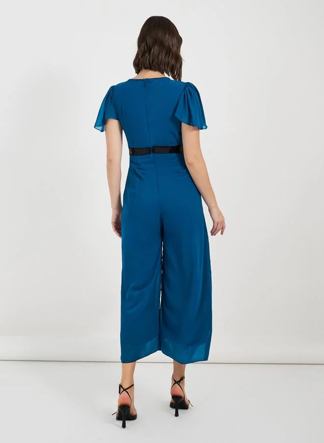 Styli Wide Leg Wrap Front Sequined Band Jumpsuit