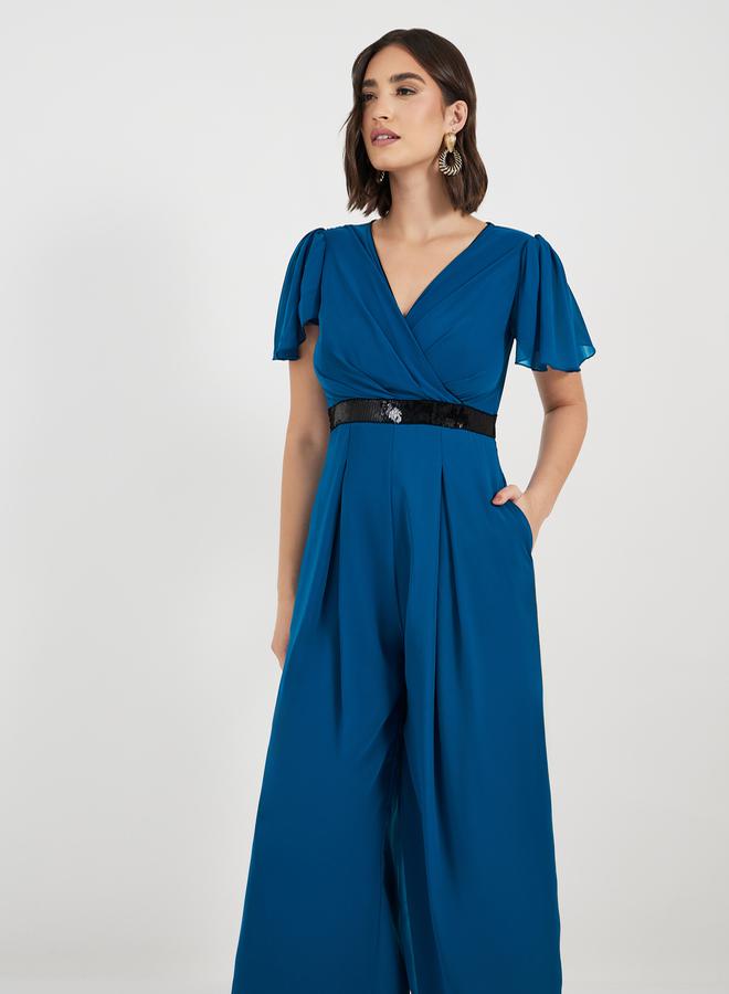 Styli Wide Leg Wrap Front Sequined Band Jumpsuit - Image 5