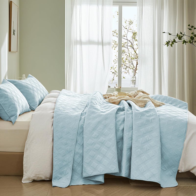 inron Quilt Set King Size,Sky Blue Microfiber Ultrasonic Cal King Bedspreads,Lightweight Breathable Coverlet,Modern Geometric Pattern Thin Bedding Set for All Seasons(1 Quilt,2 Pillow Shams) - Image 3