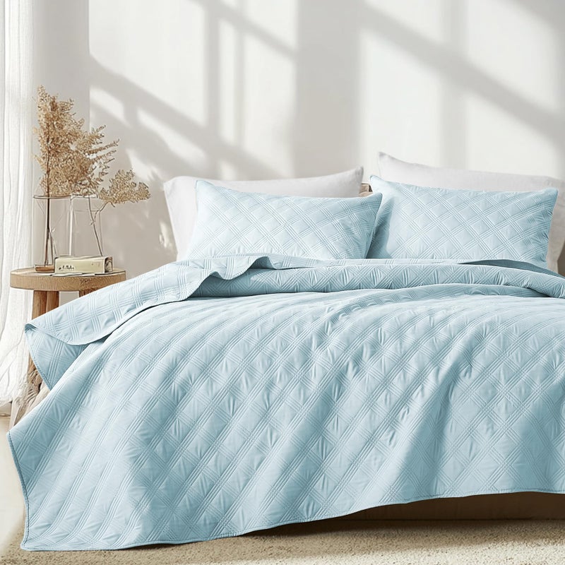 inron Quilt Set King Size,Sky Blue Microfiber Ultrasonic Cal King Bedspreads,Lightweight Breathable Coverlet,Modern Geometric Pattern Thin Bedding Set for All Seasons(1 Quilt,2 Pillow Shams) - Image 1