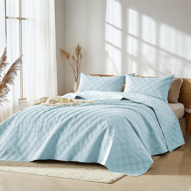 inron Quilt Set King Size,Sky Blue Microfiber Ultrasonic Cal King Bedspreads,Lightweight Breathable Coverlet,Modern Geometric Pattern Thin Bedding Set for All Seasons(1 Quilt,2 Pillow Shams) - Image 2