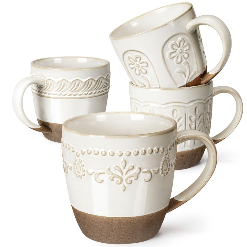 Artena Ceramic Coffee Mugs Set of 4, 16oz Embossed Large Latte Mugs Coffee Cups with Handle for Tea, Latte, Cappuccino & Cocoa, Milk Dishwasher & Microwave Safe, White (Multiple Patterns) - Image 1