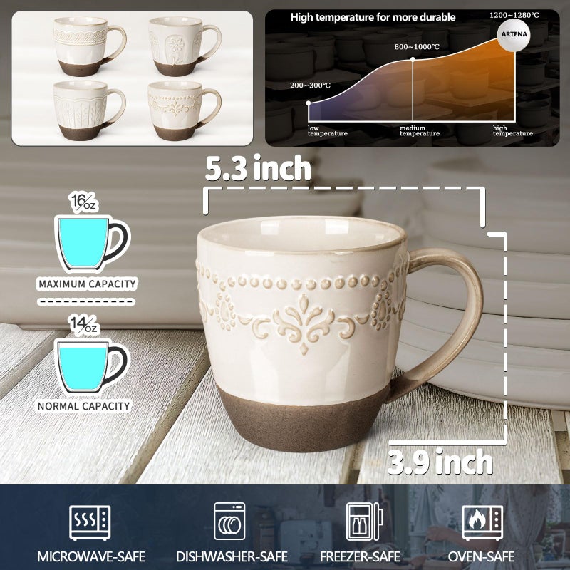 Artena Ceramic Coffee Mugs Set of 4, 16oz Embossed Large Latte Mugs Coffee Cups with Handle for Tea, Latte, Cappuccino & Cocoa, Milk Dishwasher & Microwave Safe, White (Multiple Patterns) - Image 2