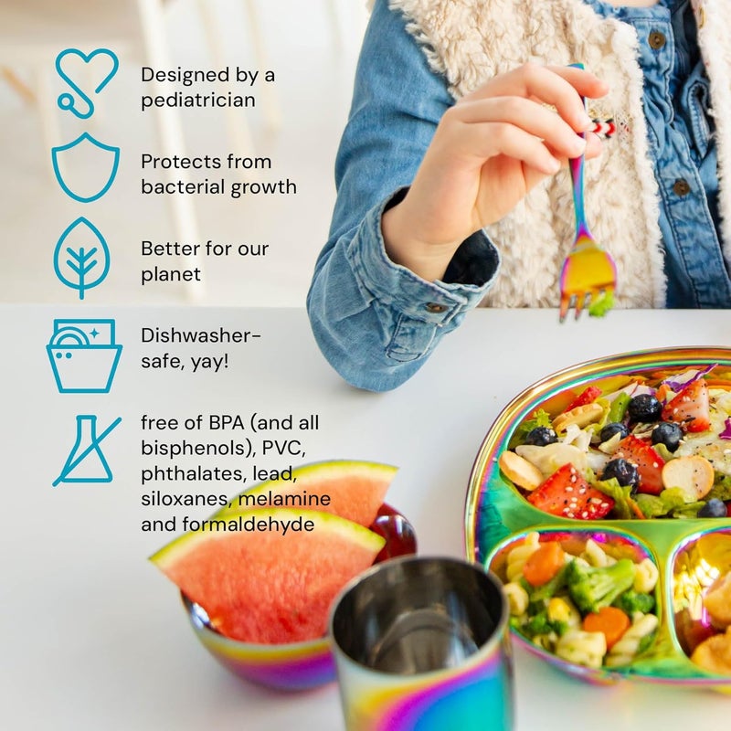 Ahimsa Stainless Steel Kids Dinnerware Set  5 Piece Stainless Steel Toddler Plates and Bowls Set Pediatrician Designed Non Toxic Toddler Plate and Bowl Kids Utensils and Cup Rainbow - Image 3