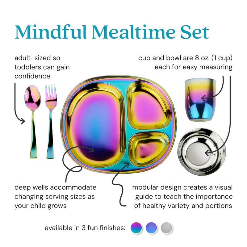 Ahimsa Stainless Steel Kids Dinnerware Set  5 Piece Stainless Steel Toddler Plates and Bowls Set Pediatrician Designed Non Toxic Toddler Plate and Bowl Kids Utensils and Cup Rainbow - Image 2
