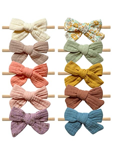 Cherssy - Cherssy Baby Muslin Hair Bows and Headbands, 10pcs Soft Nylon Hairbands for Newborn, Infants, Toddlers - Image 1
