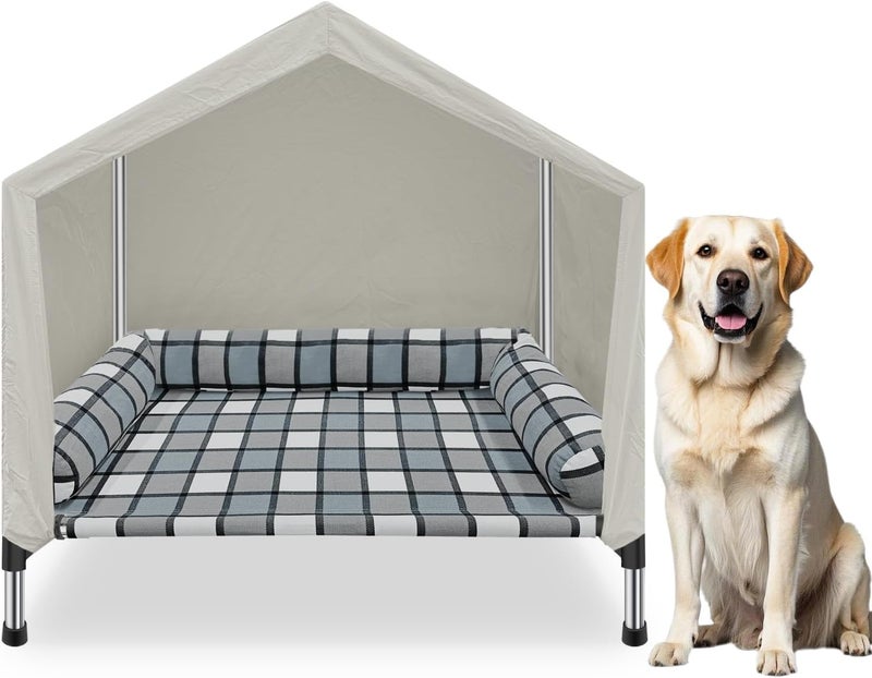 Caghash Elevated Dog Pet Bed House - Weatherproof 2-in-1 Indoor Outdoor Pet Cot with Canopy Cooling Portable Raised Dog Bed with Pillow for Camping Beach Backyard Sunshade Tent & Cozy Pillow for Cats Dogs - Image 1