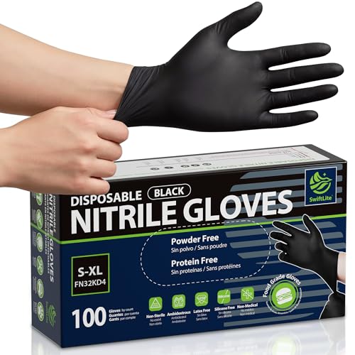 SWIFTLITE Disposable Nitrile Gloves Black, Food Safe Rubber Gloves Latex-Free Powder-Free for Cooking Food Prep Kitchen Clean (Large, 100) - Image 1
