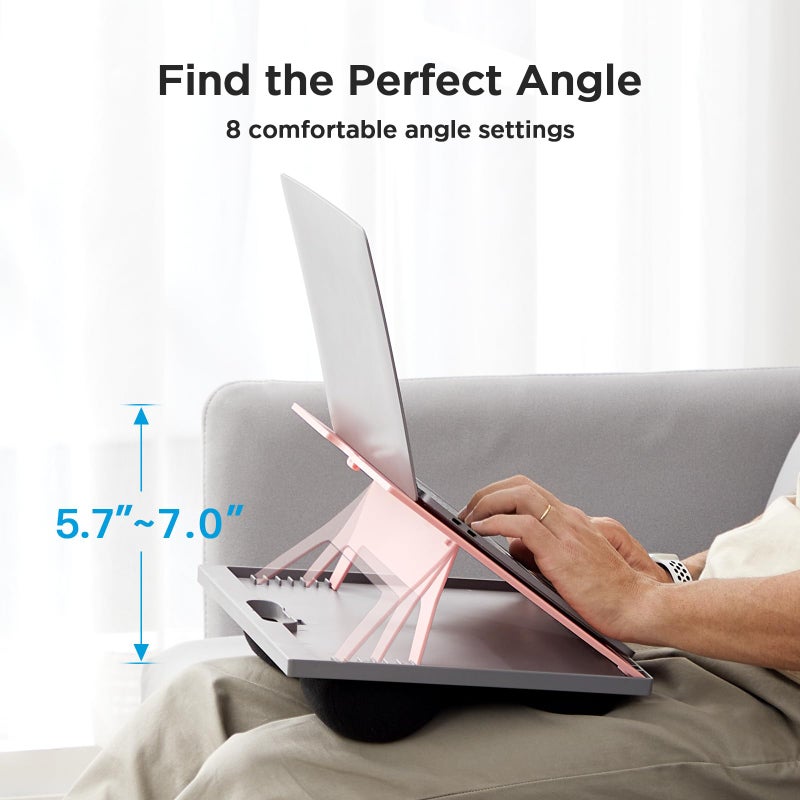 HUANUO Adjustable Lap Desk - with 8 Adjustable Angles & Dual Cushions Laptop Stand for Car Laptop Desk, Work Table, Lap Writing Board & Drawing Desk on Sofa or Bed, Pink - Image 2